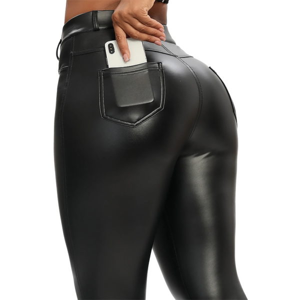 Calça Feminina de Couro Sintético Bolso Traseiro Cor: Preto - Tumalin